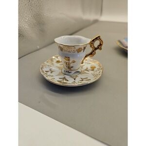Vtg Souvenir Bone China Miniature Tea Cup &‎ Saucer, Gold on White Floral